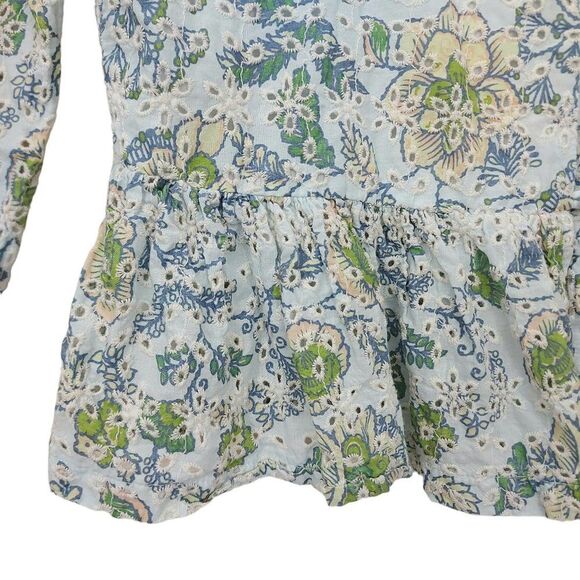 7 For All Mankind Boho Blouse Womens Medium Green Eyelet Embroidered Floral - Picture 10 of 13